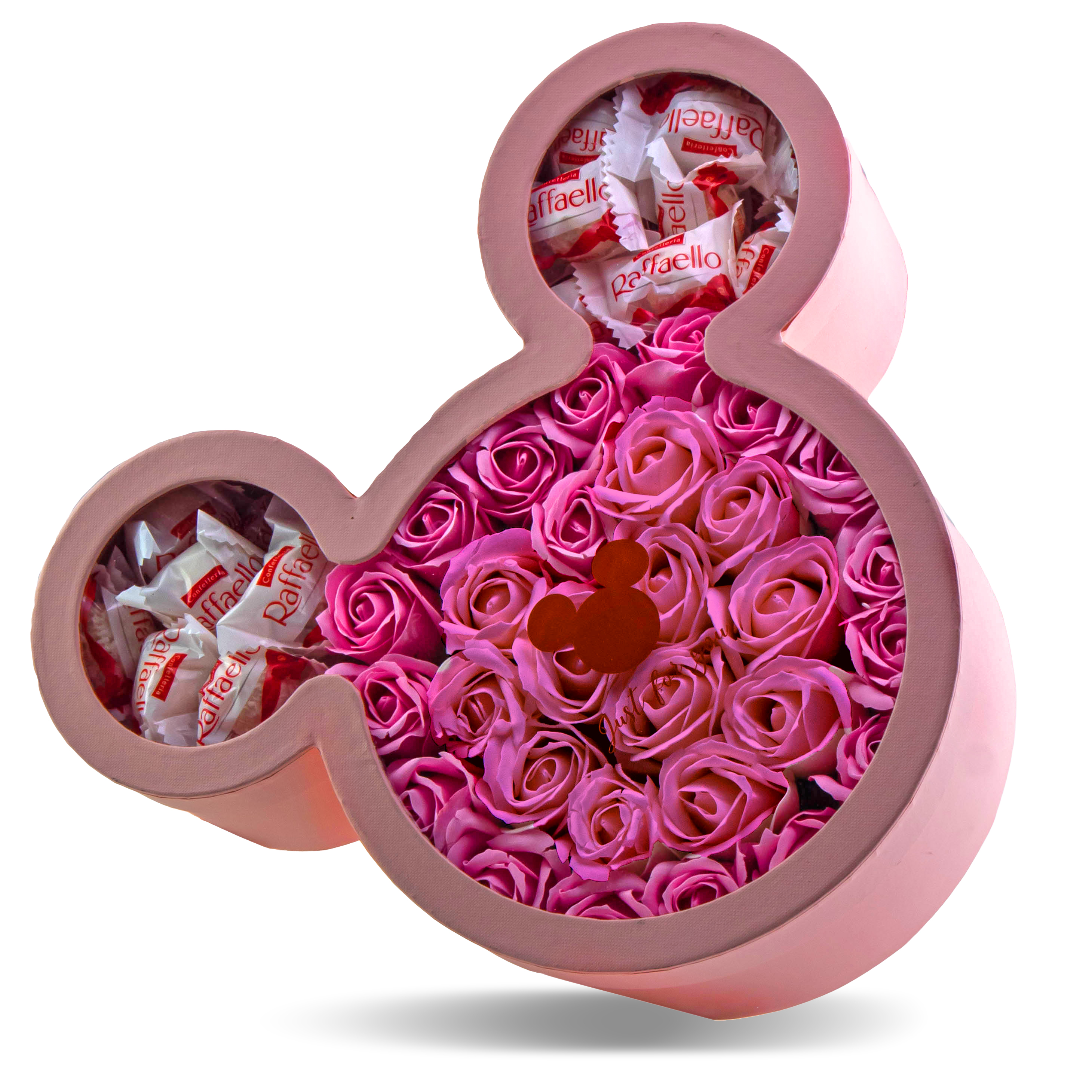 Ružový Mickey box s ružovými ružami a bonbónmi raffaello